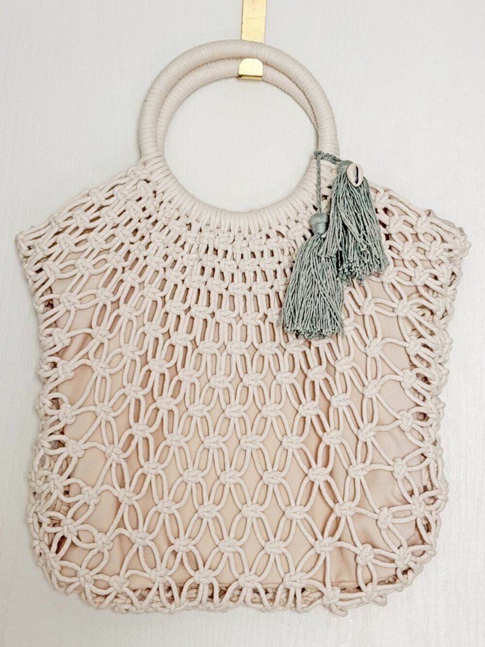 A New Day Macrame Ring Handle Tote Bag Cream Neutral Boho Summer Beach Tassel